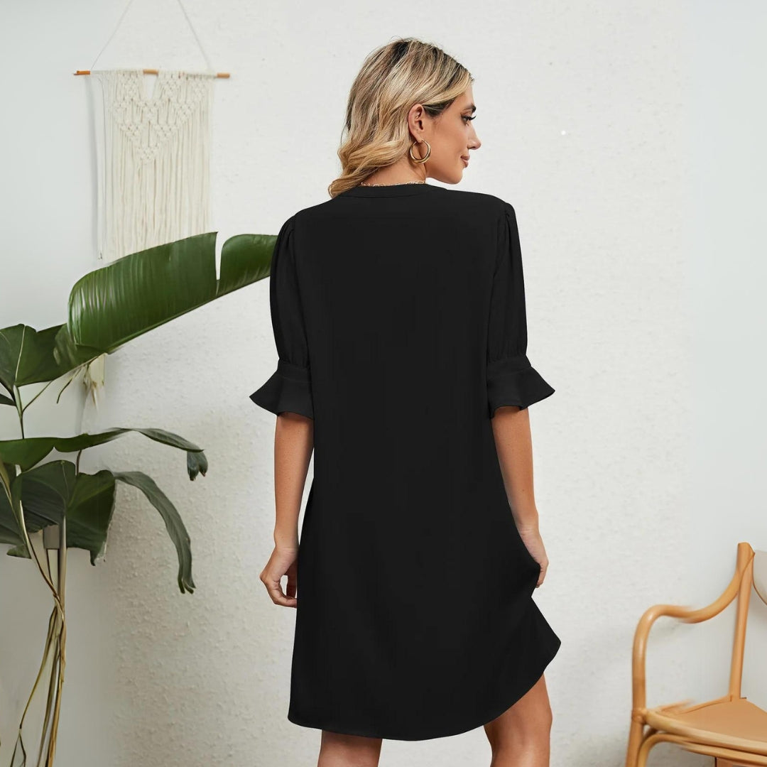 V-Neck Ruffle Cuff Elbow Sleeve Shift Mini Dress