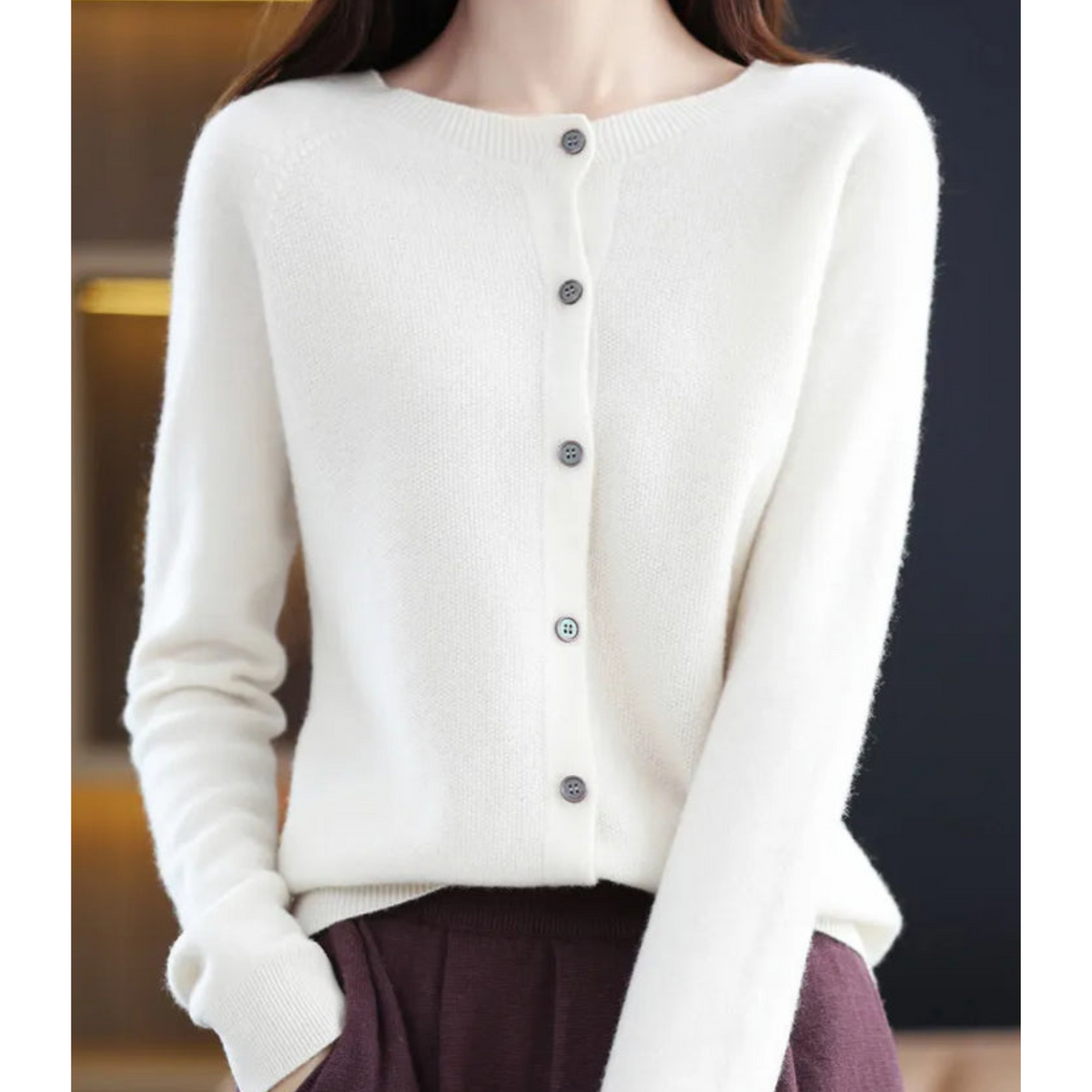 Round Neck Button Front Long Sleeve Knit Cardigan
