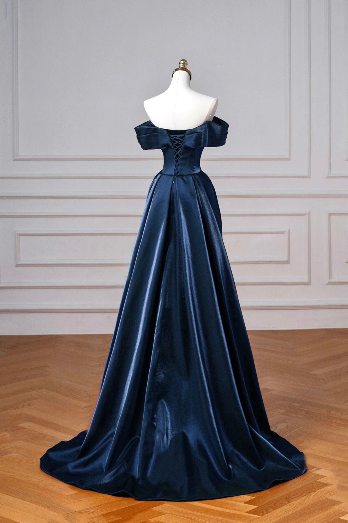 Navy Satin Long Prom Dress, Elegant Off the Shoulder Party Dress     fg7646