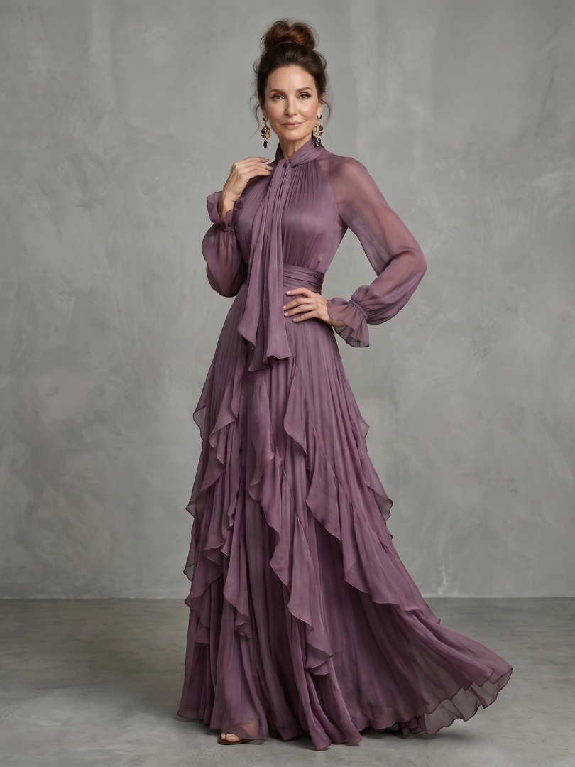 Tie Neck Long Sleeve Ruffle Tiered Chiffon Maxi Gown