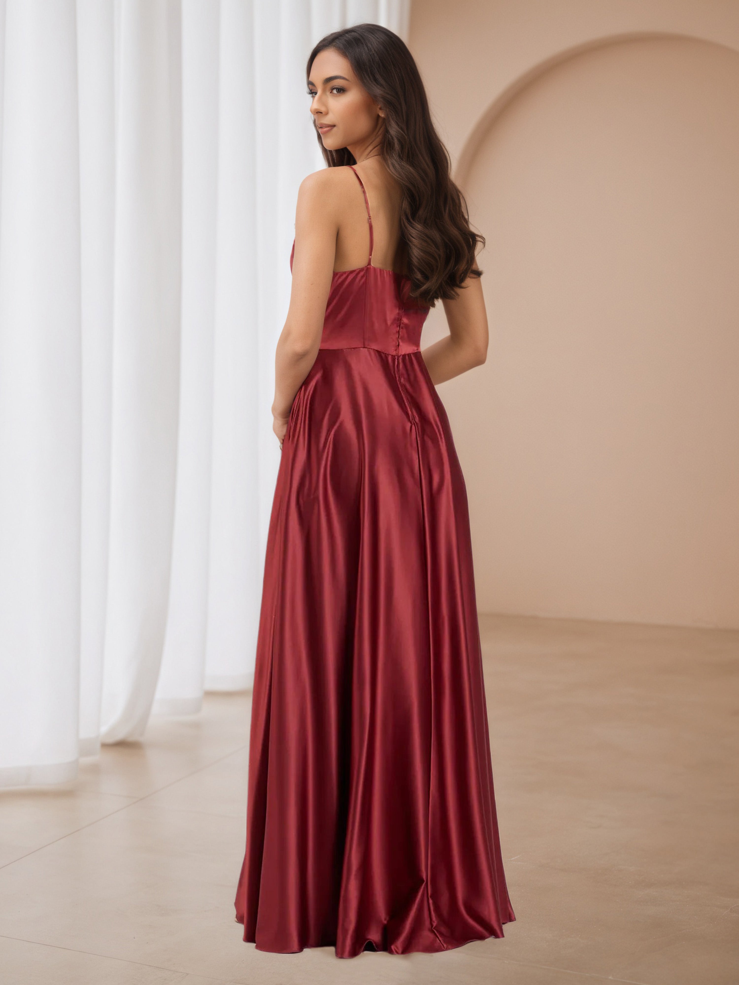 A-Line Spaghetti Straps Burgundy Split Formal Dresses