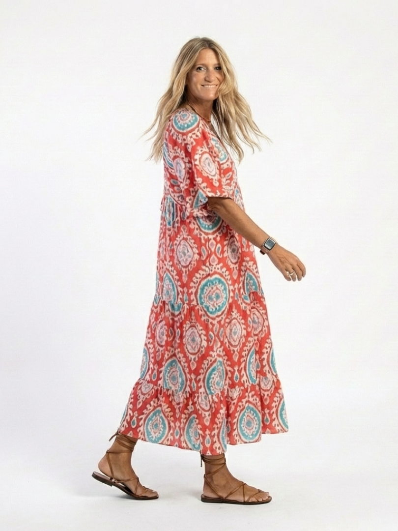 Medallion Print V-Neck Short Sleeve Tiered Maxi Dress