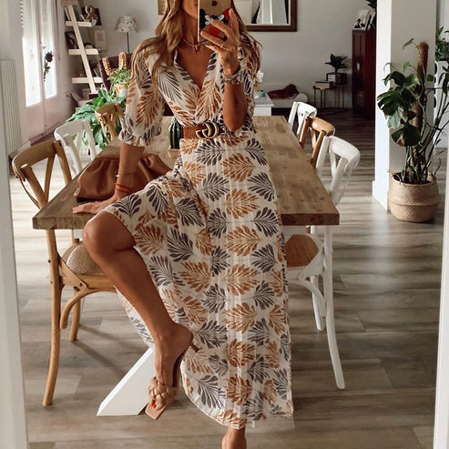 Palm Leaf Print Wrap Deep V-Neck Flutter Sleeve High Split Maxi Summer Dress