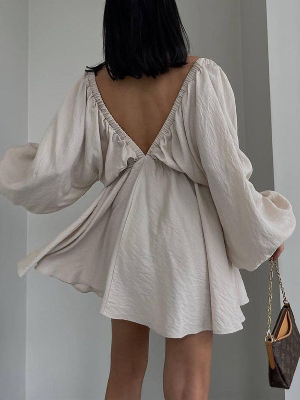 Deep V-Neck Balloon Sleeve Ruched Babydoll Mini Dress