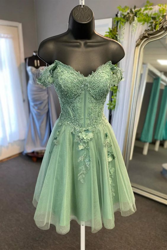 Off Shoulder Sage Green Lace Prom Dresses Short Sage Lace Homecoming Dresses Sage Formal Evening Dresses