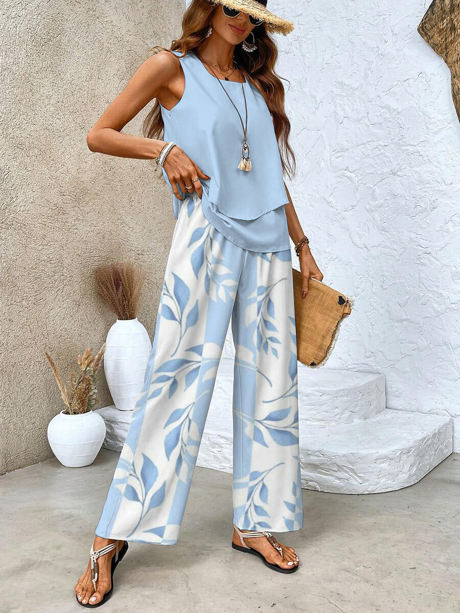Sleeveless Square Neck Top and Leaf Print Wide Leg Pants Two Piece Set