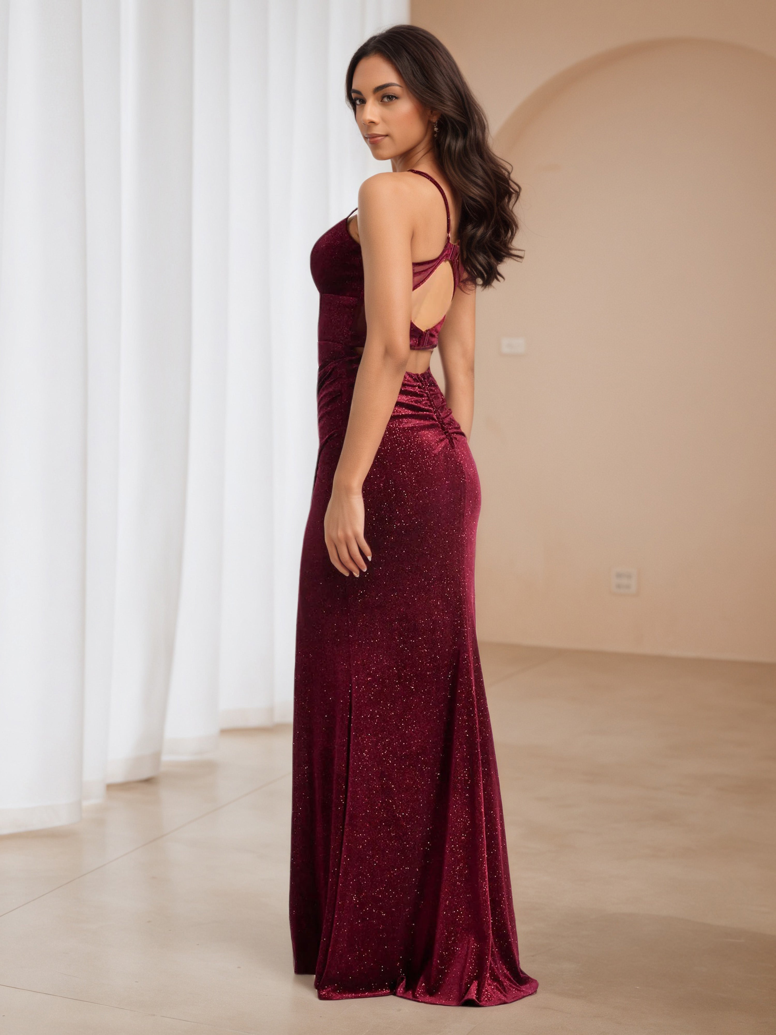 Glitter Burgundy Open Back Long Formal Dresses with Split