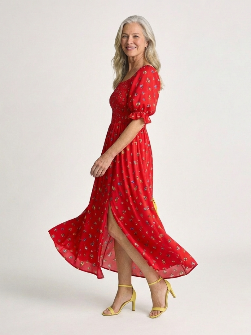 Floral Square Neck Puff Sleeve Smocked Midi Dress