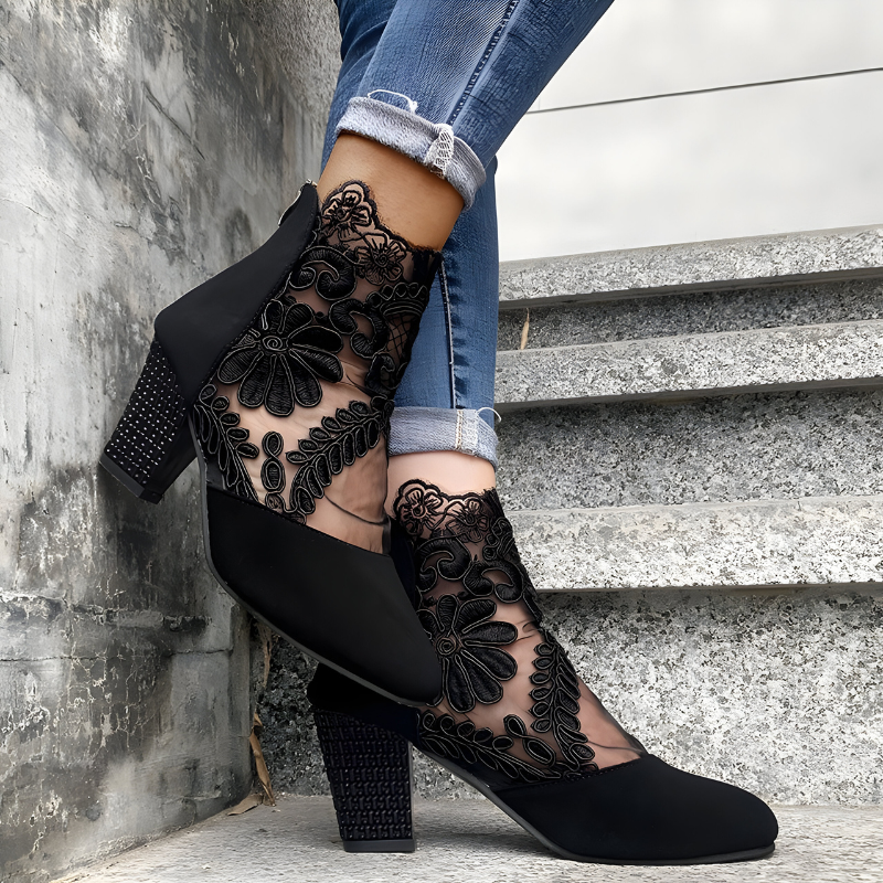 Floral Lace Mesh Embellished Block Heel Ankle Boots