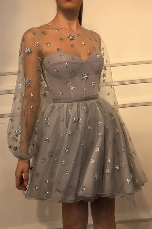 Tulle Star Print Puff Sleeve Mesh Overlay Sweetheart Mini Dress