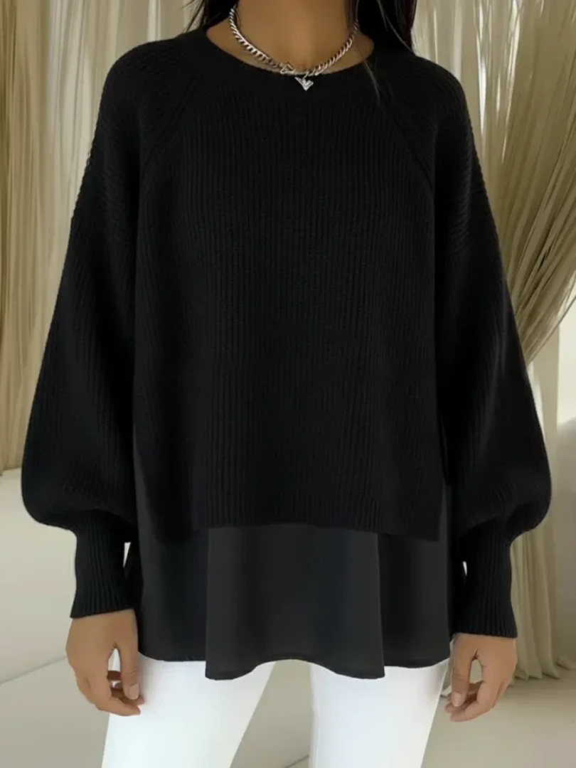 Crew Neck Layered Chiffon Hem Ribbed Knit Sweater