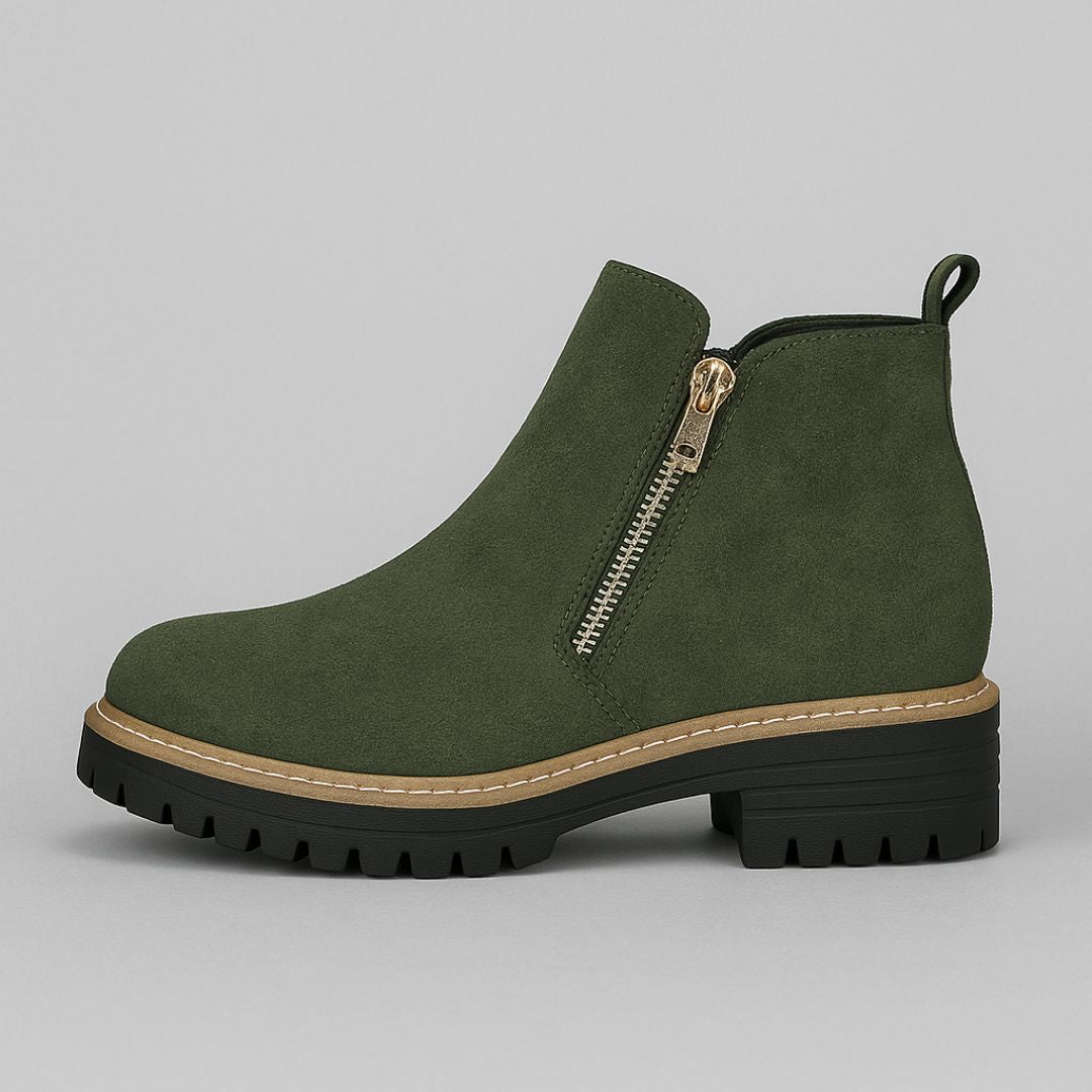 Side Zip Lug Sole Suede Ankle Boots