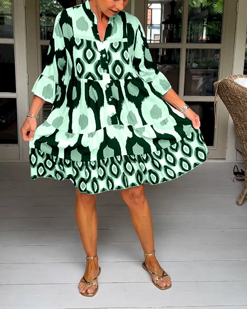 Abstract Print Button Front Flared Sleeve Tiered Midi Dress