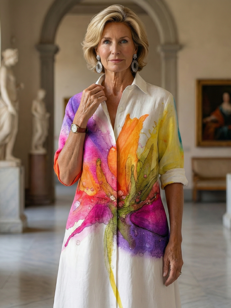 Watercolor Floral Collared Long Sleeve Shirt Dress