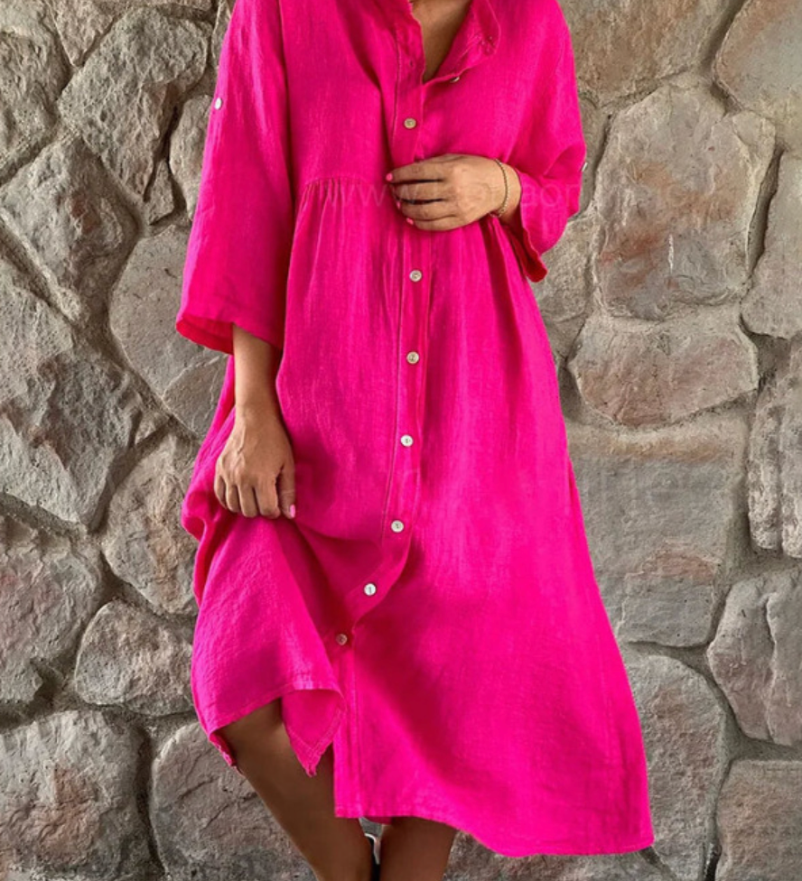 Button Down Three Quarter Sleeve Roll Tab Empire Waist Midi Shirt Dress