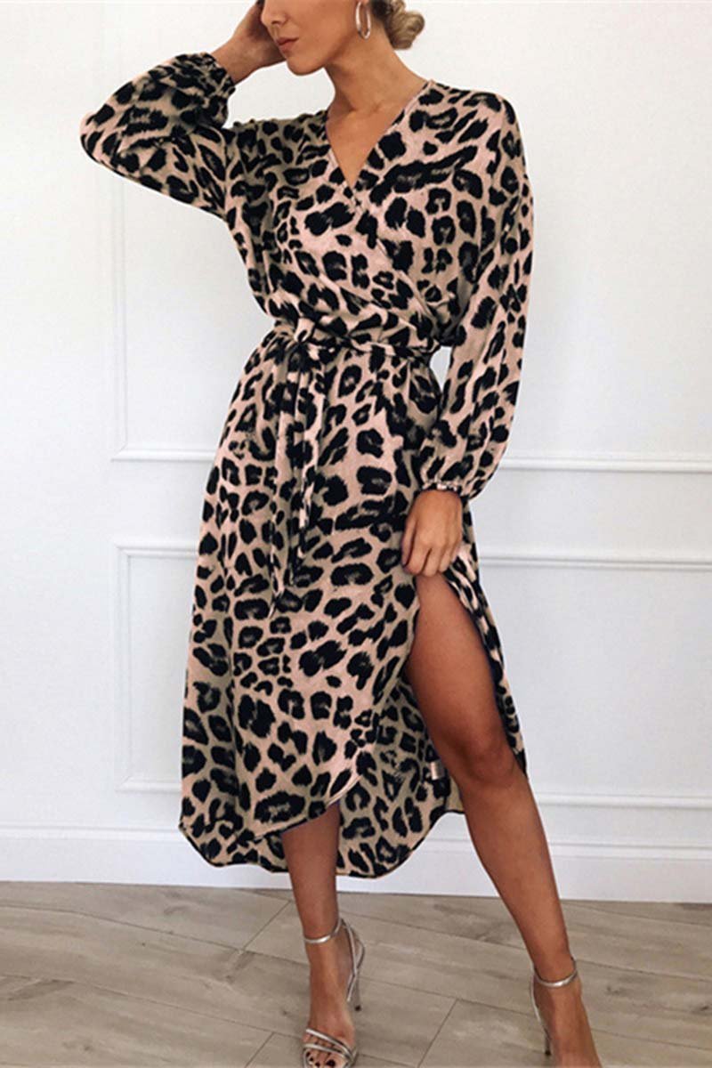 Leopard Print Wrap Deep V-Neck Long Sleeve Tie Waist Side Slit Midi Dress