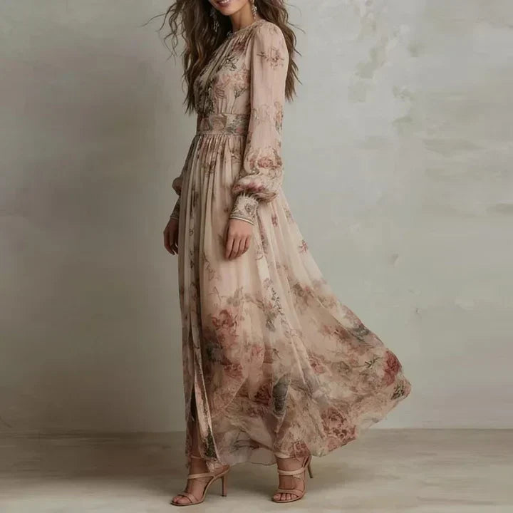 Floral Print Long Sleeve High Split Chiffon Maxi Dress