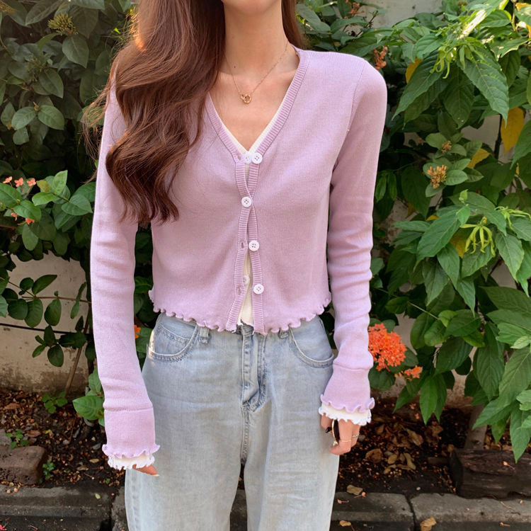Ruffle V-Neck Slim Cardigan Sweater