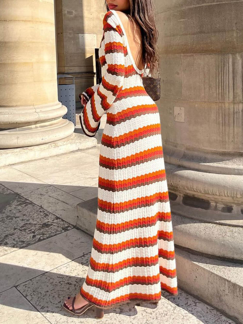Crochet Zigzag Stripe Long Sleeve Bell Sleeve Maxi Dress