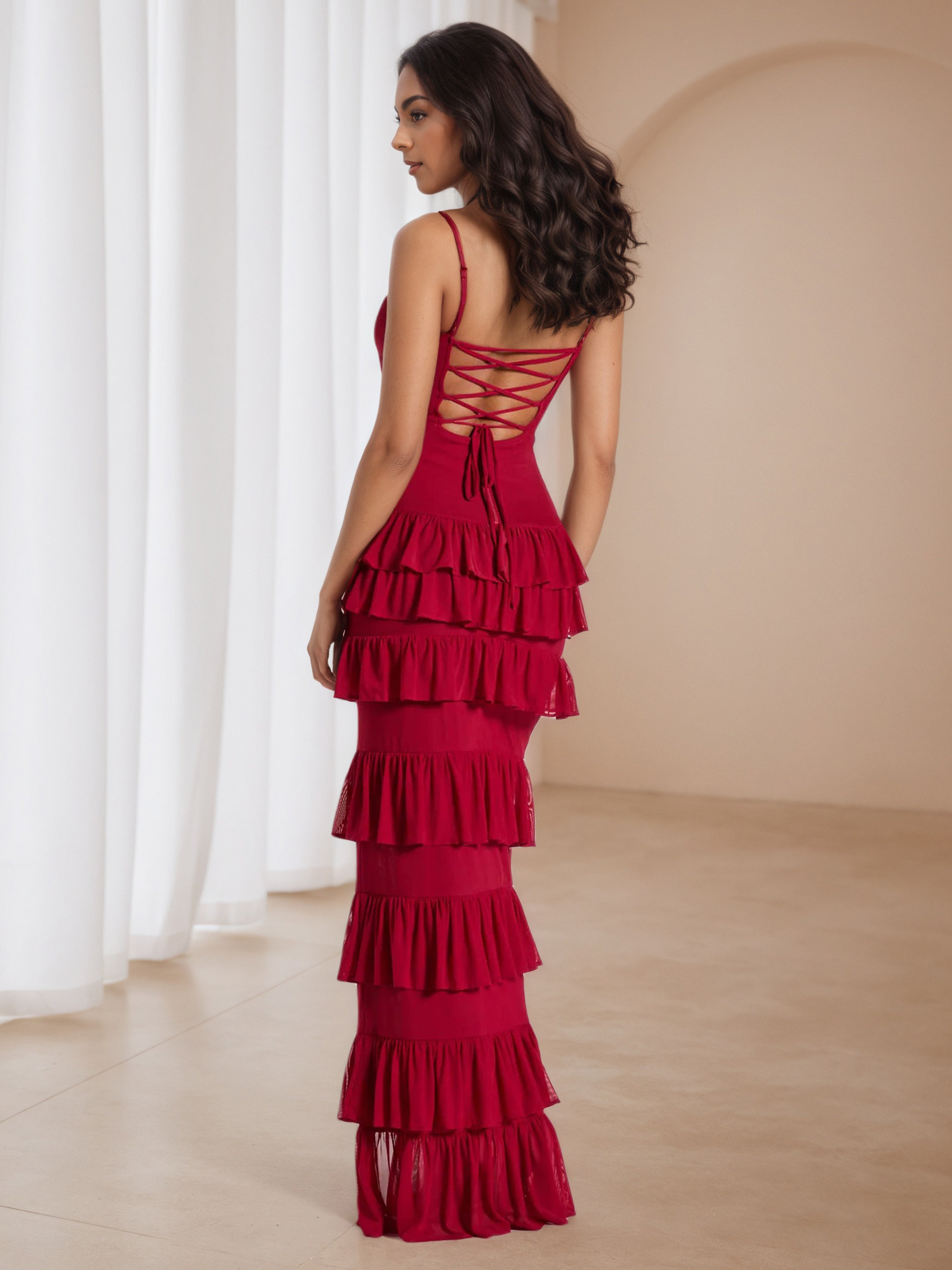 Burgundy Elegant Cutout Layered Ruffle High Split Formal Dresses