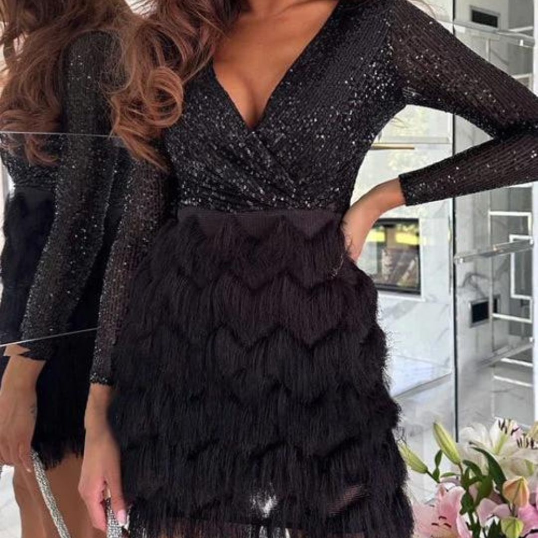 Sequin Wrap Deep V-Neck Long Sleeve Faux Two Piece Fringe Cocktail Mini Dress