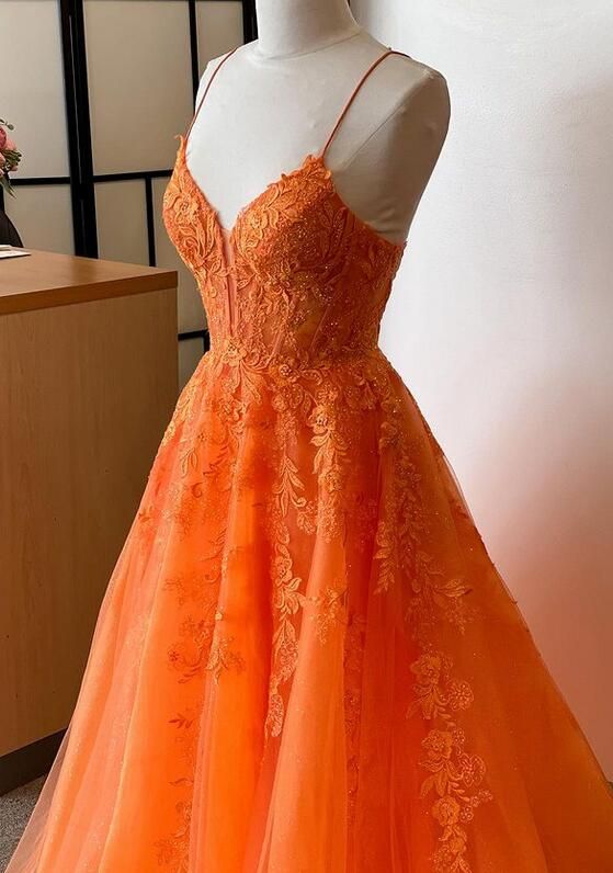 Orange Straps Lacetulle Long Prom Dress