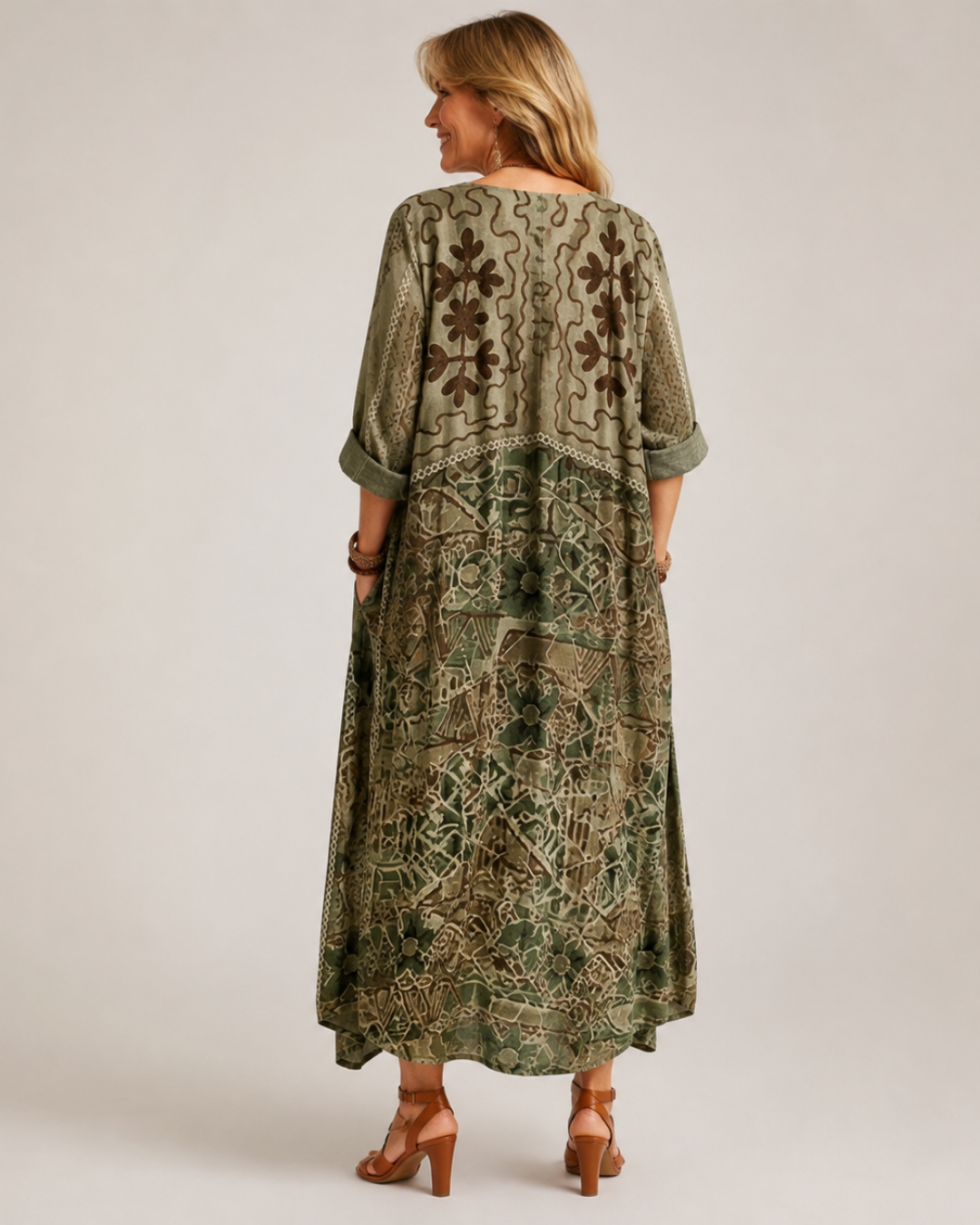 Patchwork Print V-Neck Button Front Handkerchief Hem Maxi Dress