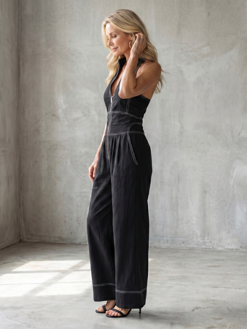 Zip Front Contrast Stitch Sleeveless Wide Leg Jumpsuit