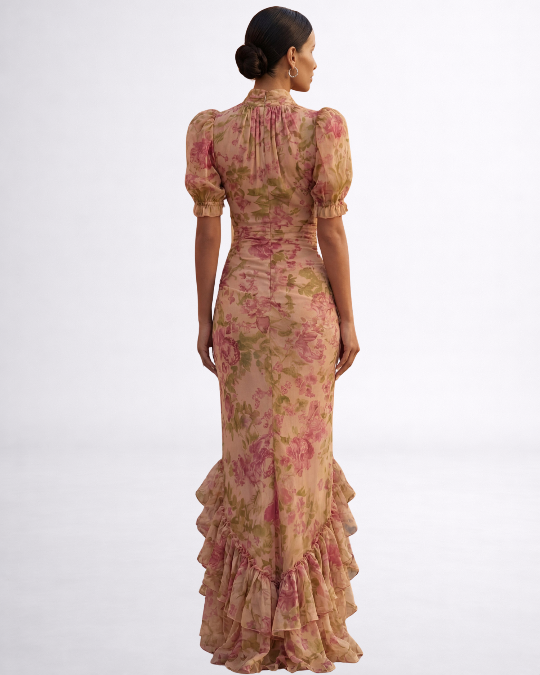 Floral Print High Neck Puff Sleeve Ruffle Hem Maxi Dress