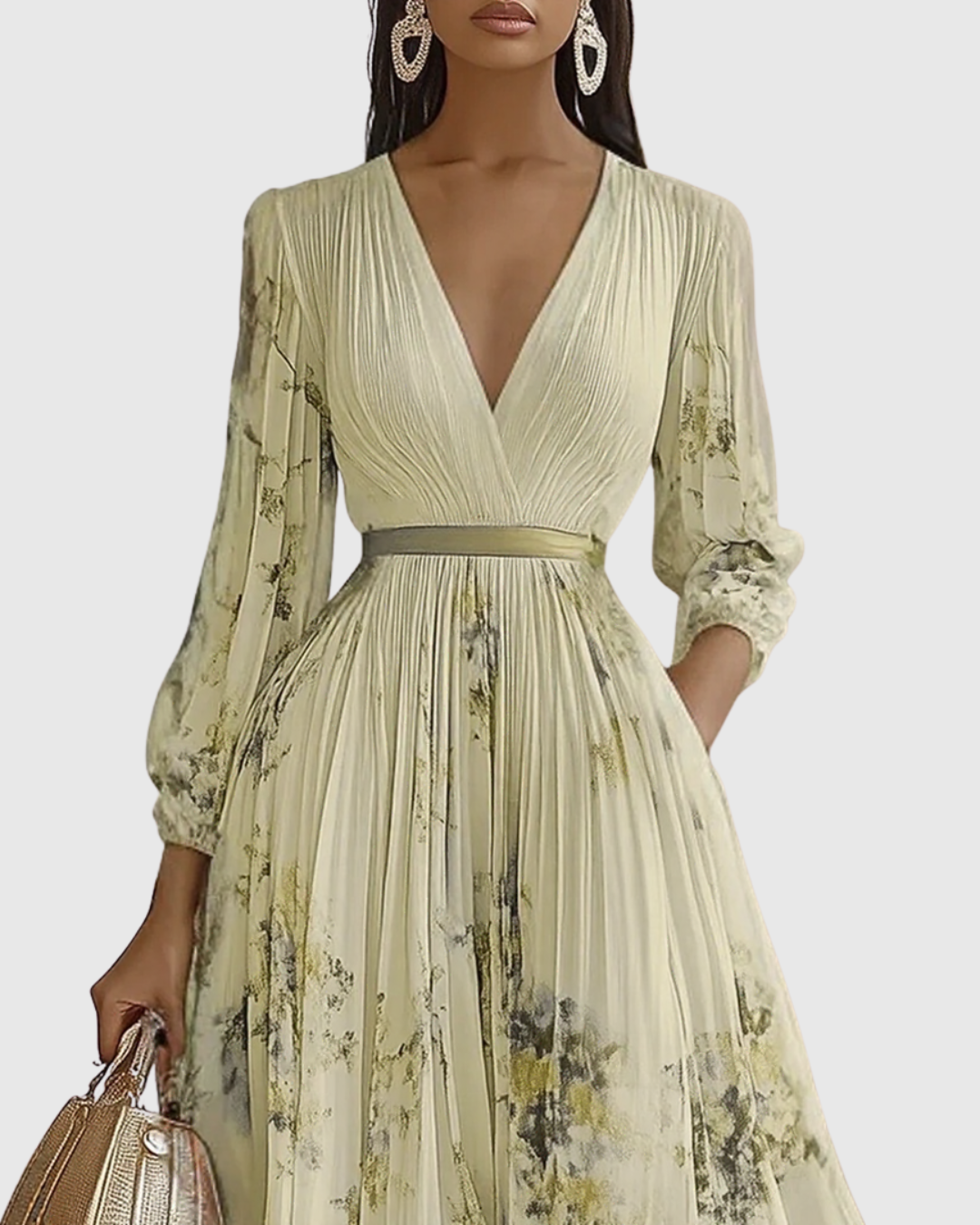 Floral Deep V-Neck Pleated Belted Midi Dress