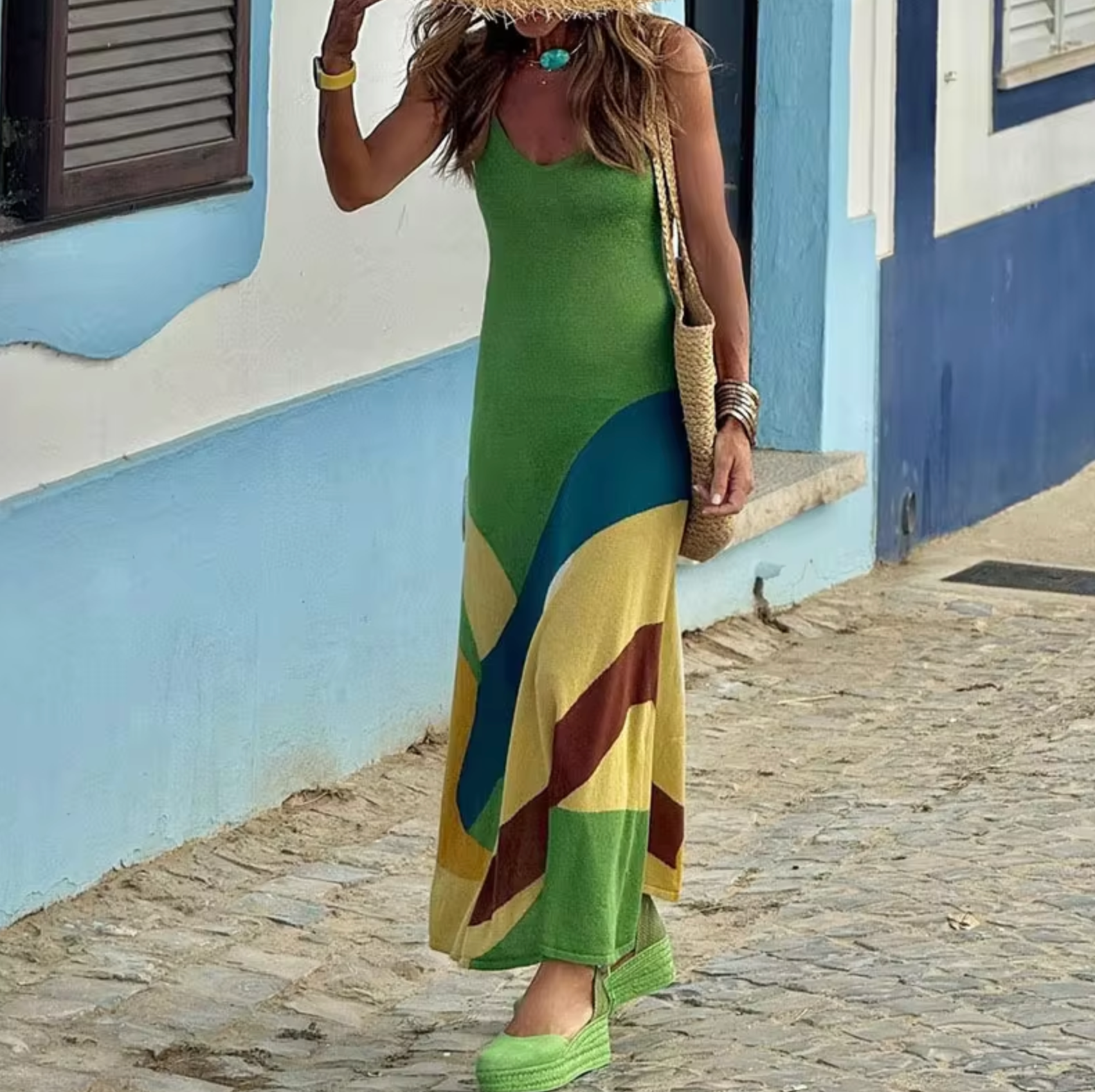Knit Spaghetti Strap V-Neck Geometric Bodycon Maxi Dress