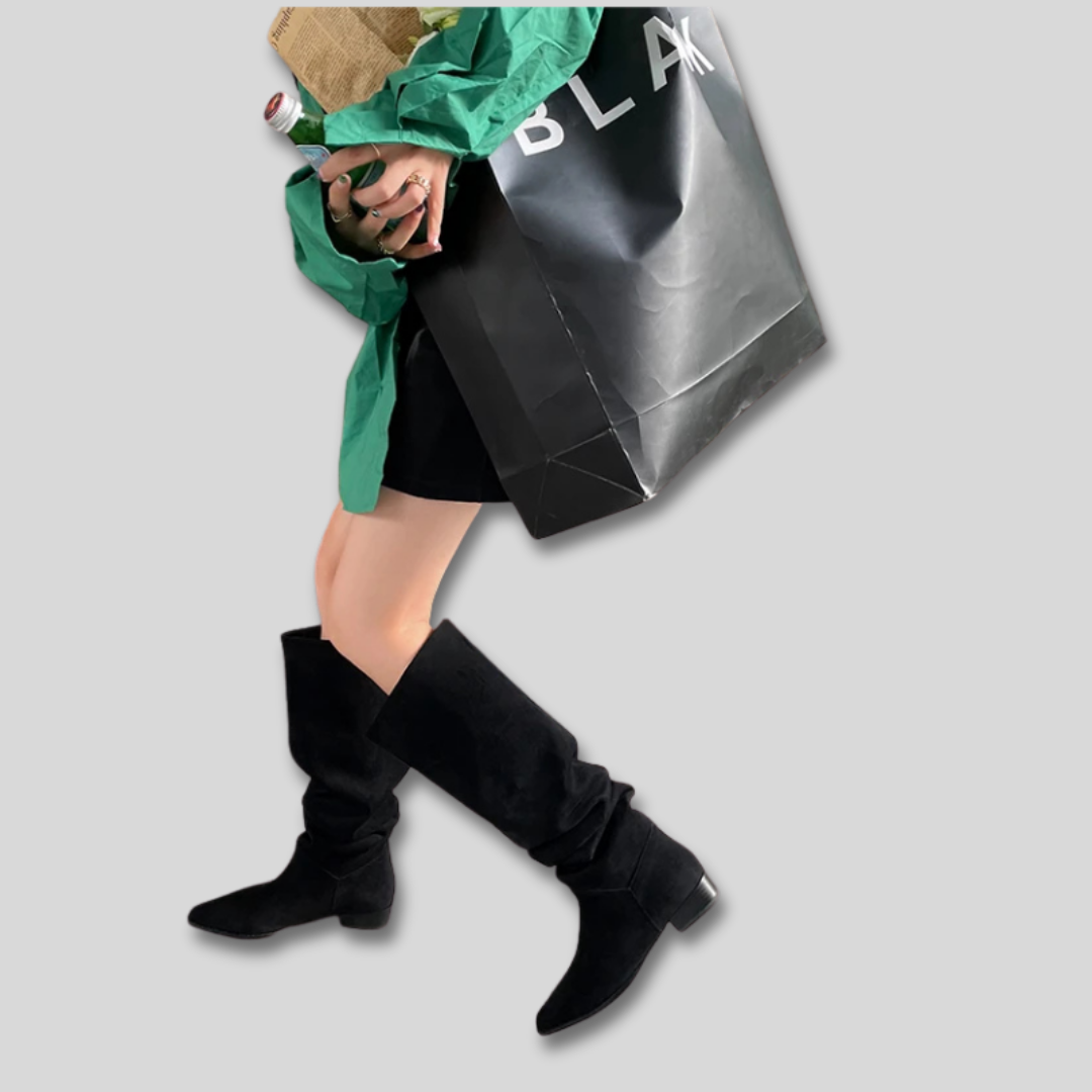 Suede Look Pointed Toe Slouchy Knee High Boots