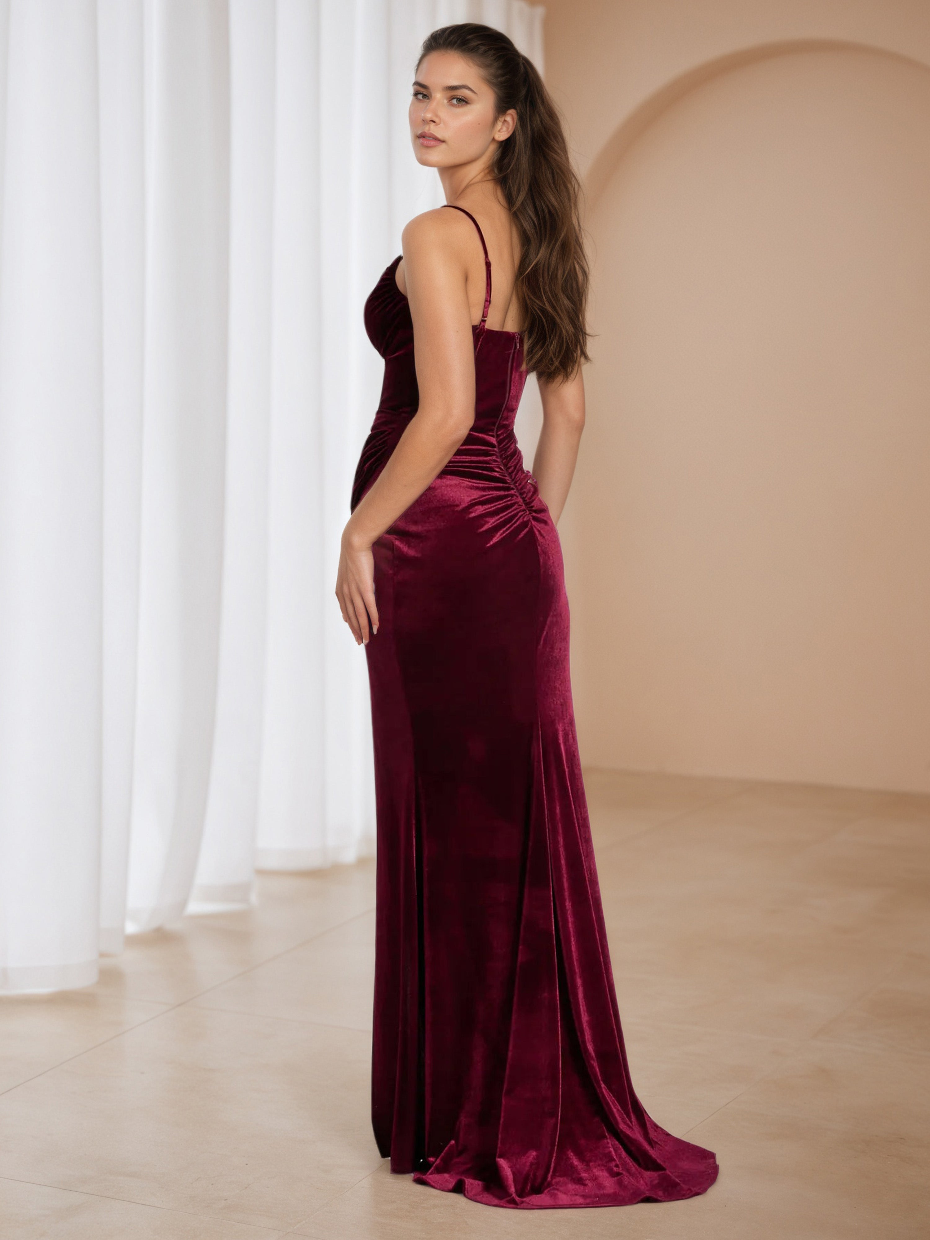 Sweep/Brush Train Burgundy Velvet Strapless Formal Dresses
