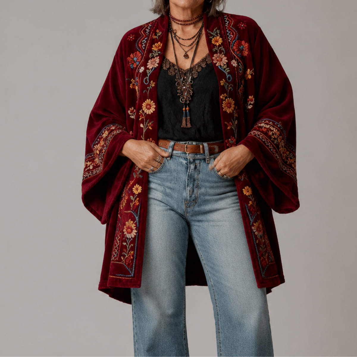 Paisley Print Velvet Open Front Kimono Jacket