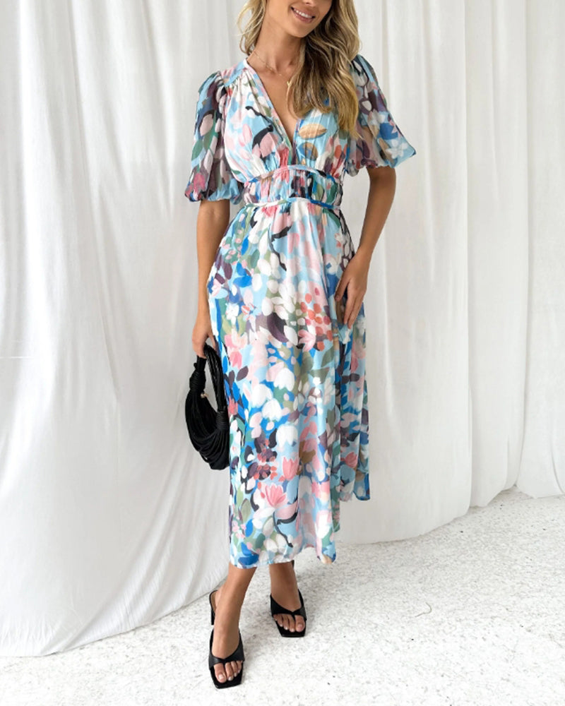 Floral Chiffon Deep V-Neck Long Sleeve Cut Out Maxi Dress 21