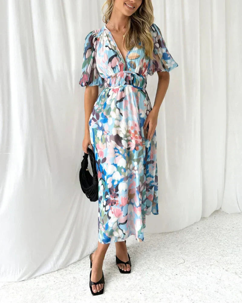 Floral Print V-Neck Long Sleeve Belted Maxi Dress