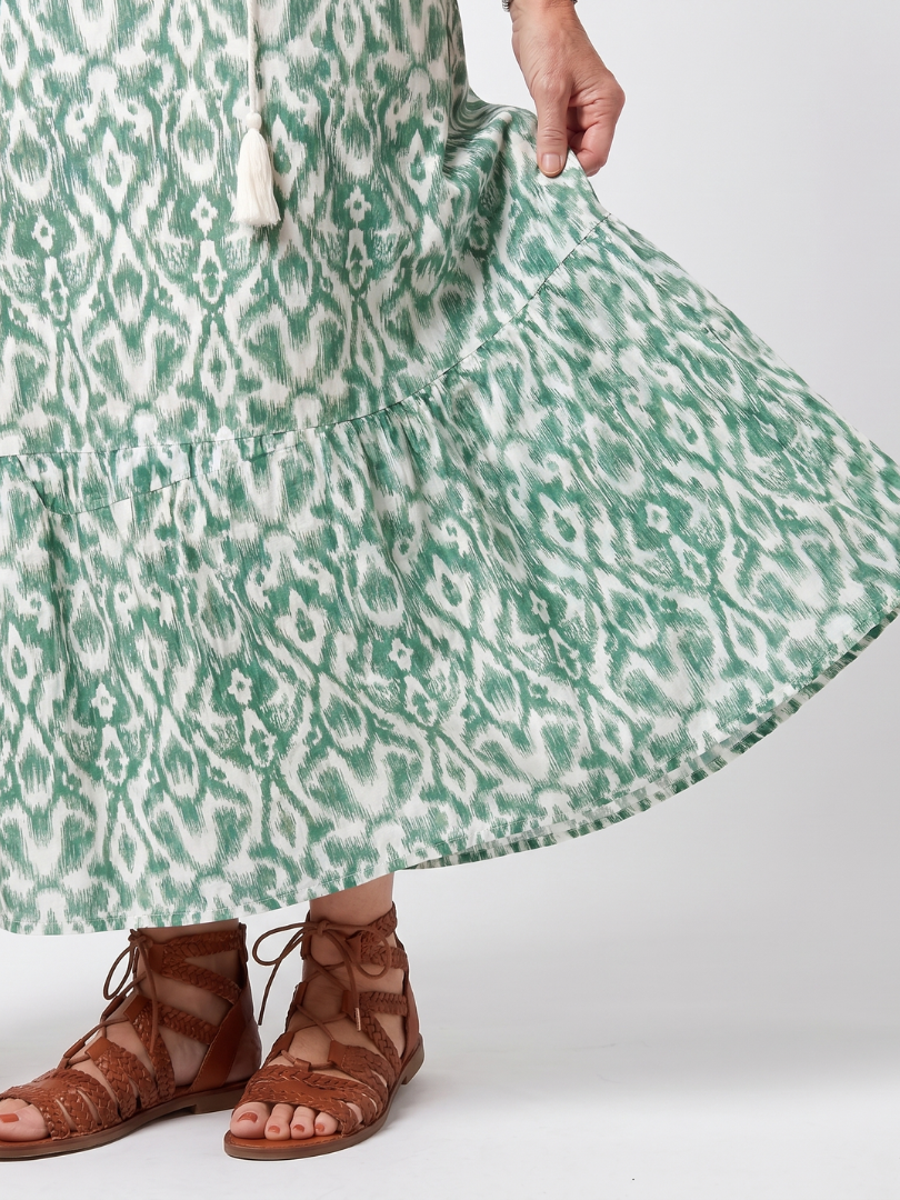 Ikat Print V-Neck Tassel Tie Tiered Midi Dress