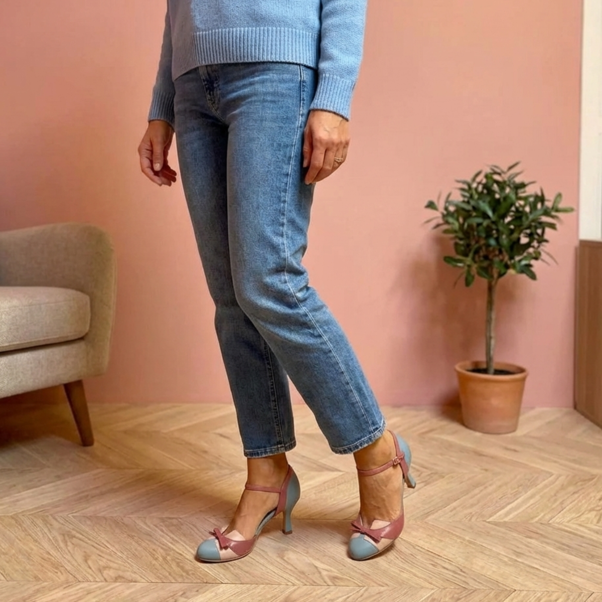 Round Toe Bow Ankle Strap Mid Heel Pumps