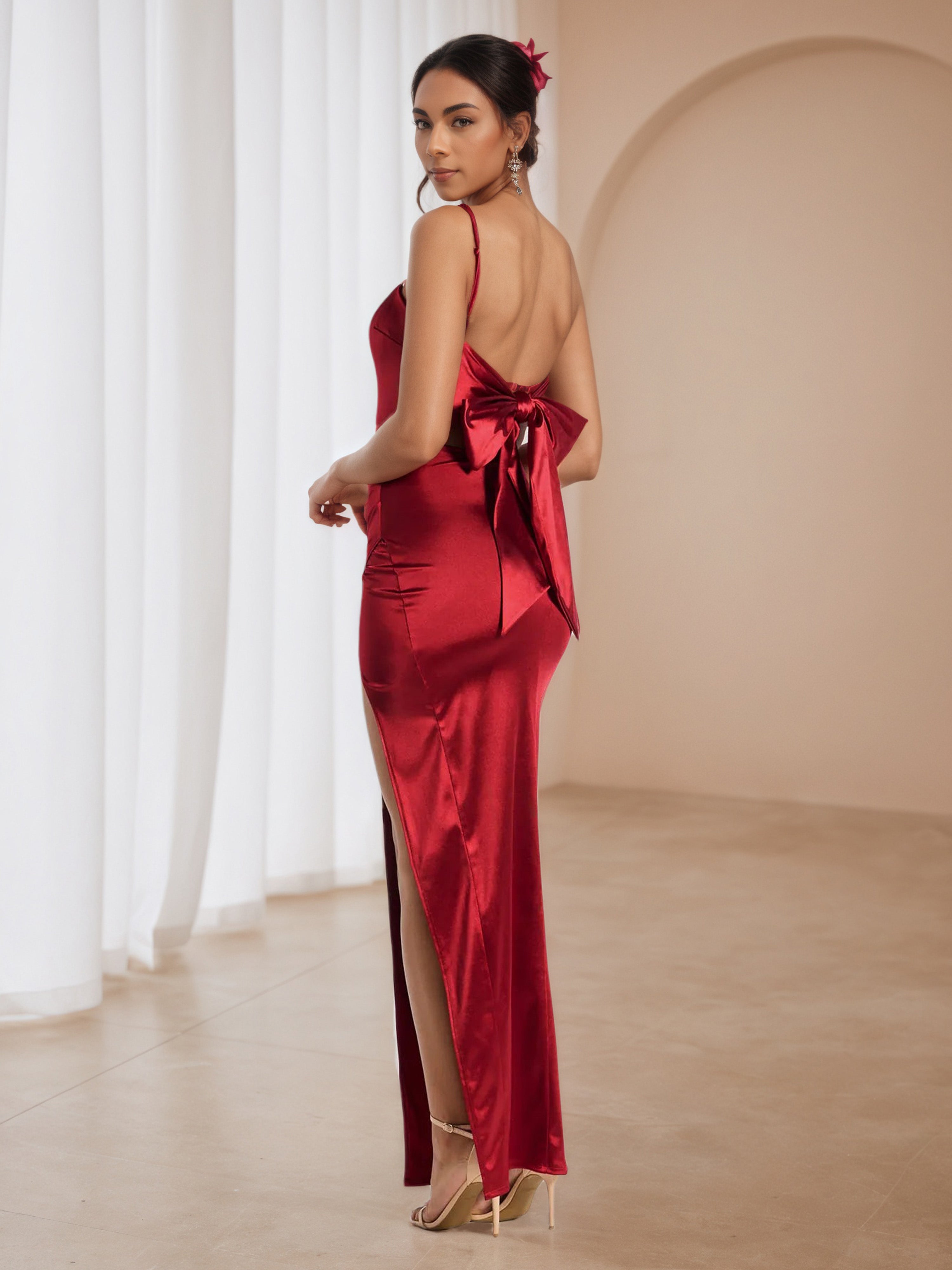Spaghetti Straps Red Pleats Long Formal Dresses with Bowknow Back