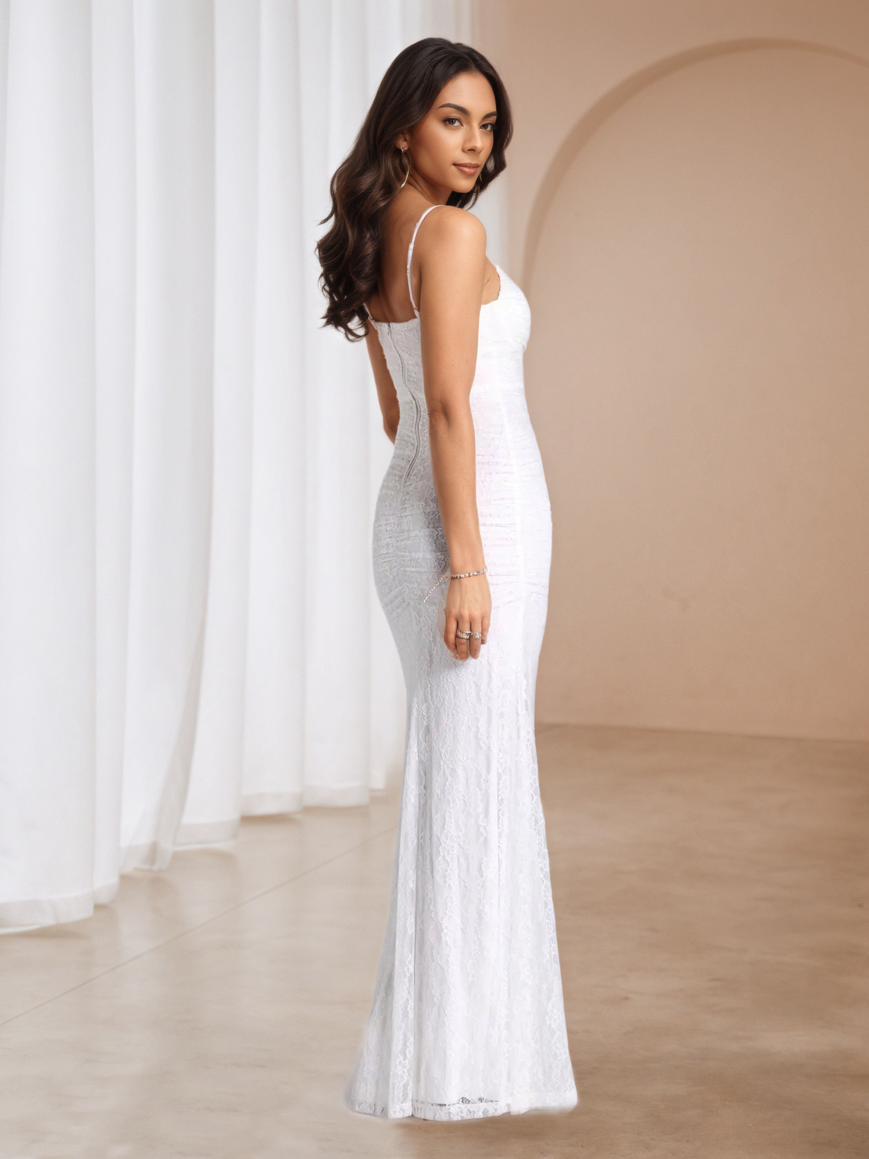 White Spaghetti Straps V-Neck Sheath Split Formal Dresses