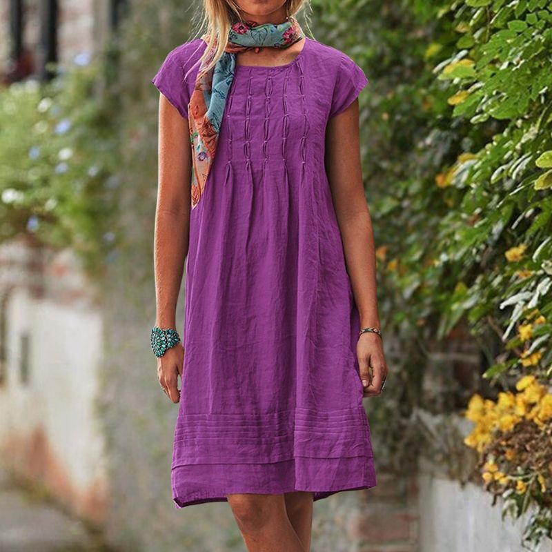 Short Sleeve Pintuck Gathered Front Tiered Band Hem Knee Length Summer Dress