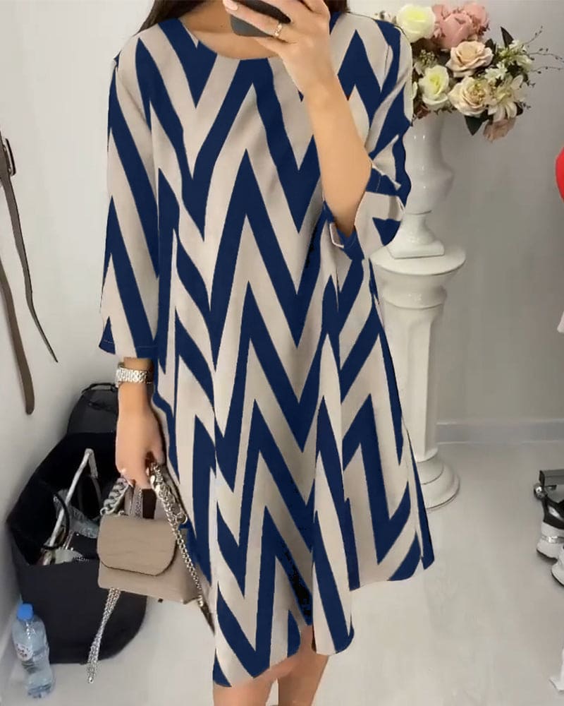 Chevron Print Crew Neck Elbow Sleeve Shift Mini Dress