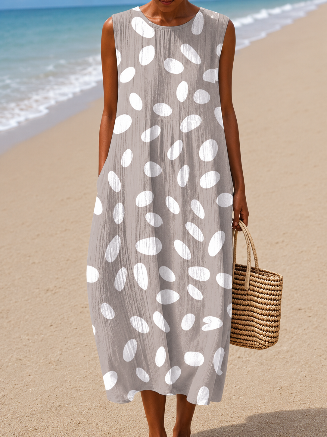 Polka Dot Crew Neck Sleeveless Pocket Maxi Dress