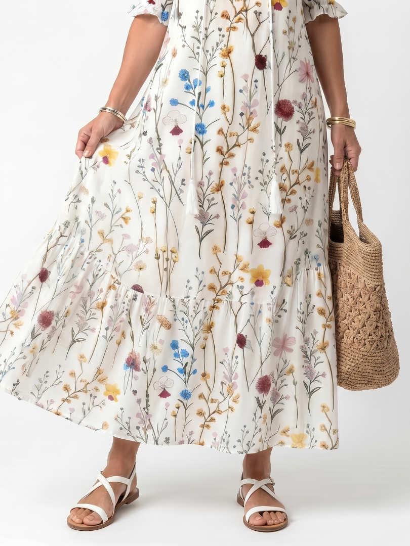 Floral Print V-Neck Puff Sleeve Tiered Maxi Dress