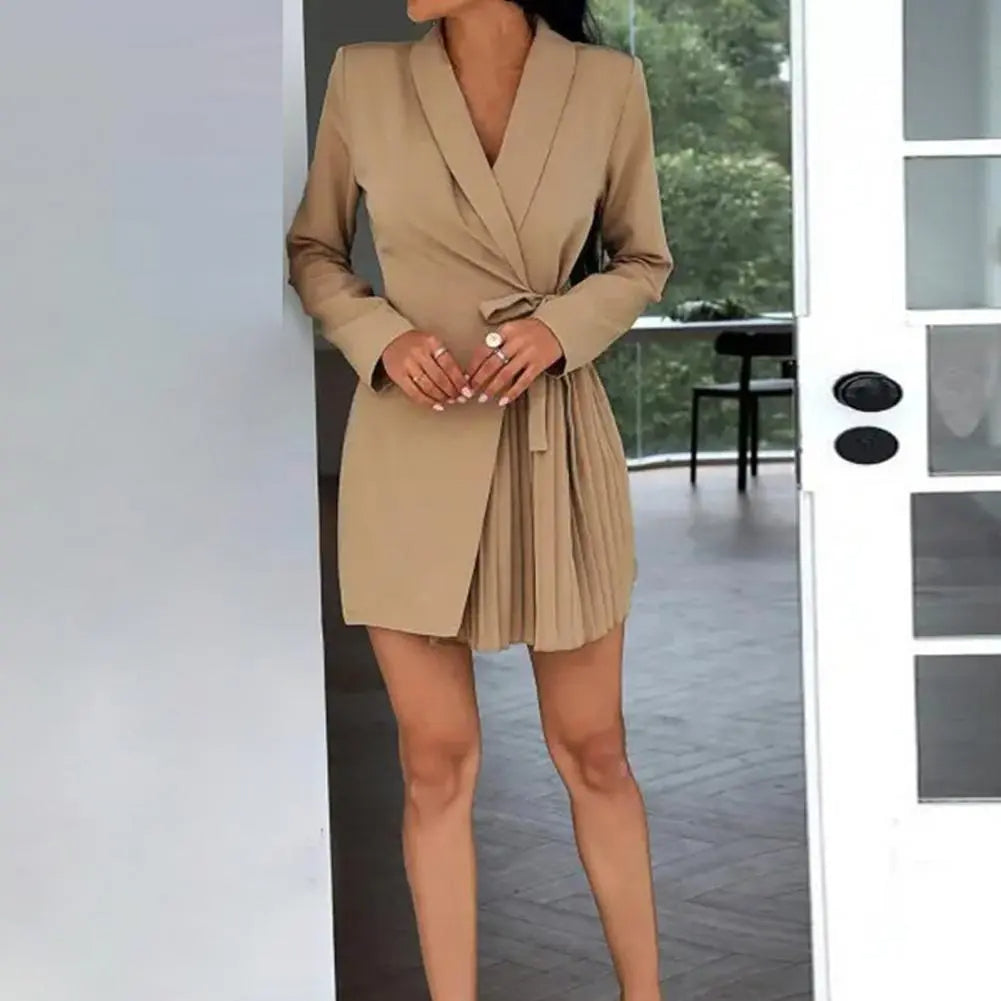 Deep V-Neck Blazer Wrap Tie Waist Pleated Hem Mini Dress