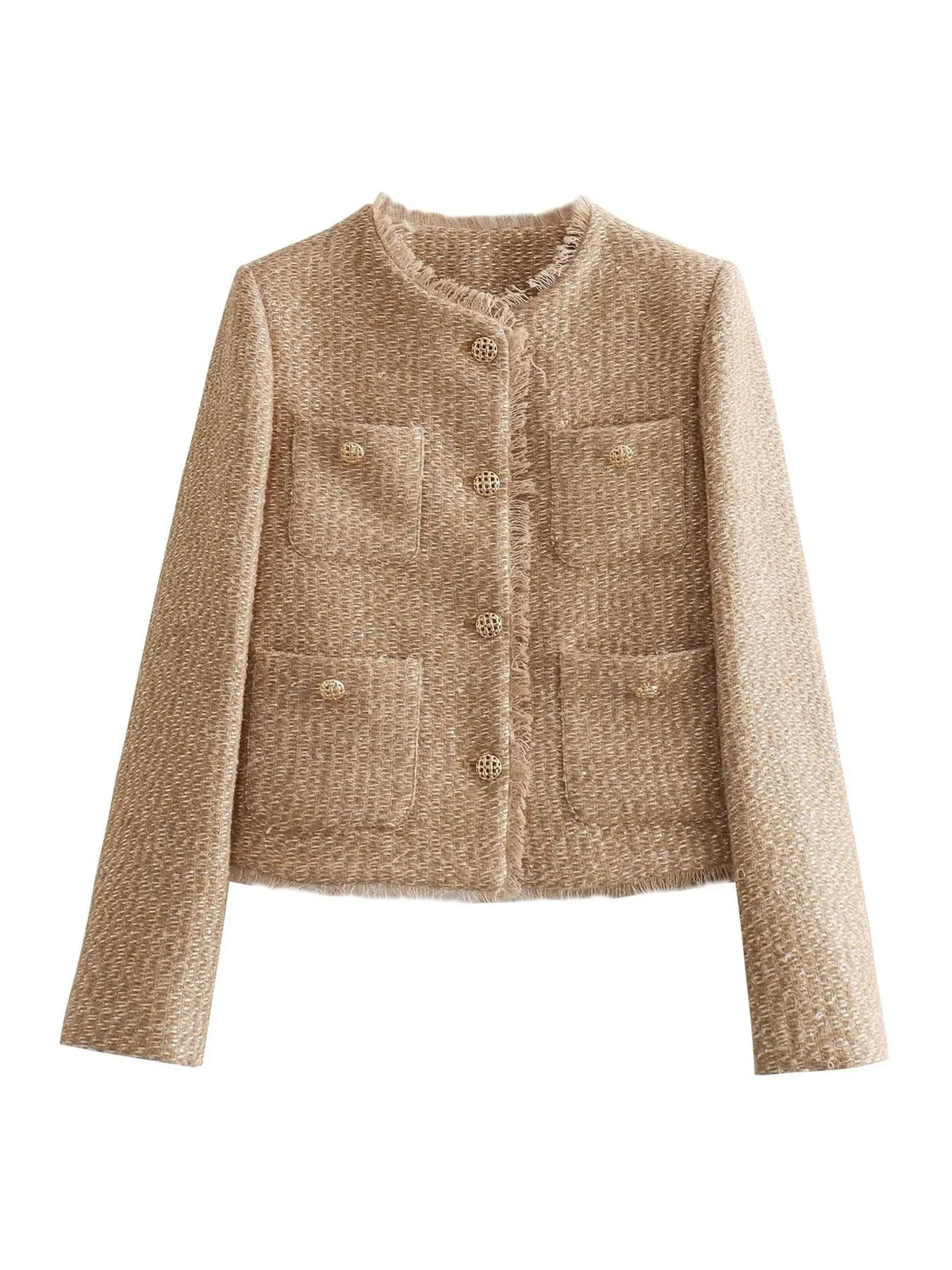 Frayed Trim Gold Button Collarless Tweed Jacket