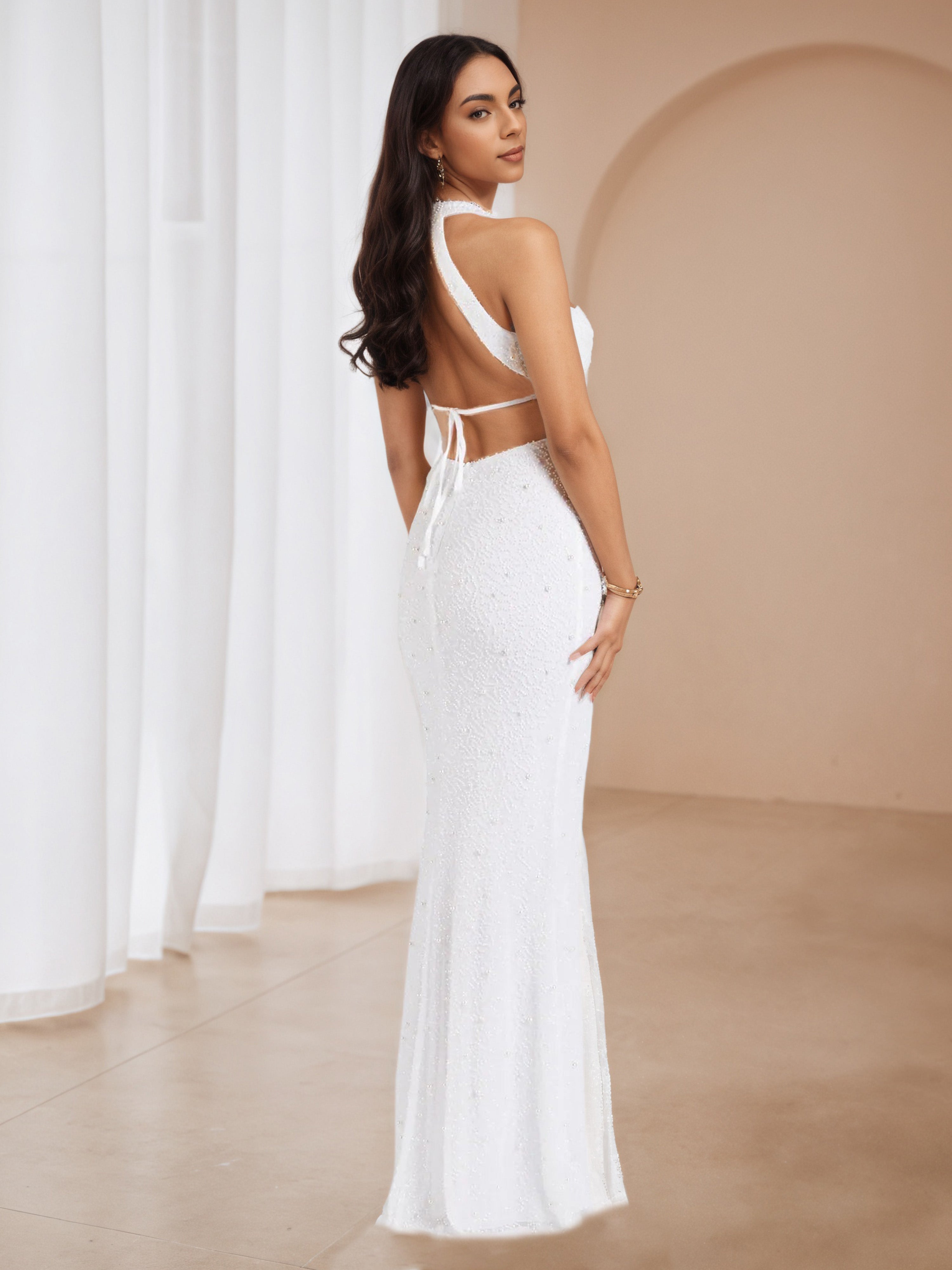 White Halter Trumpet/Mermaid Floor Length Formal Dresses