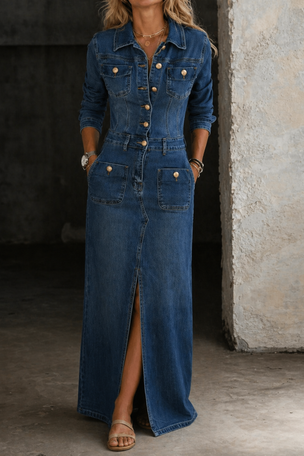 Button Front Long Sleeve Front Slit Denim Maxi Dress
