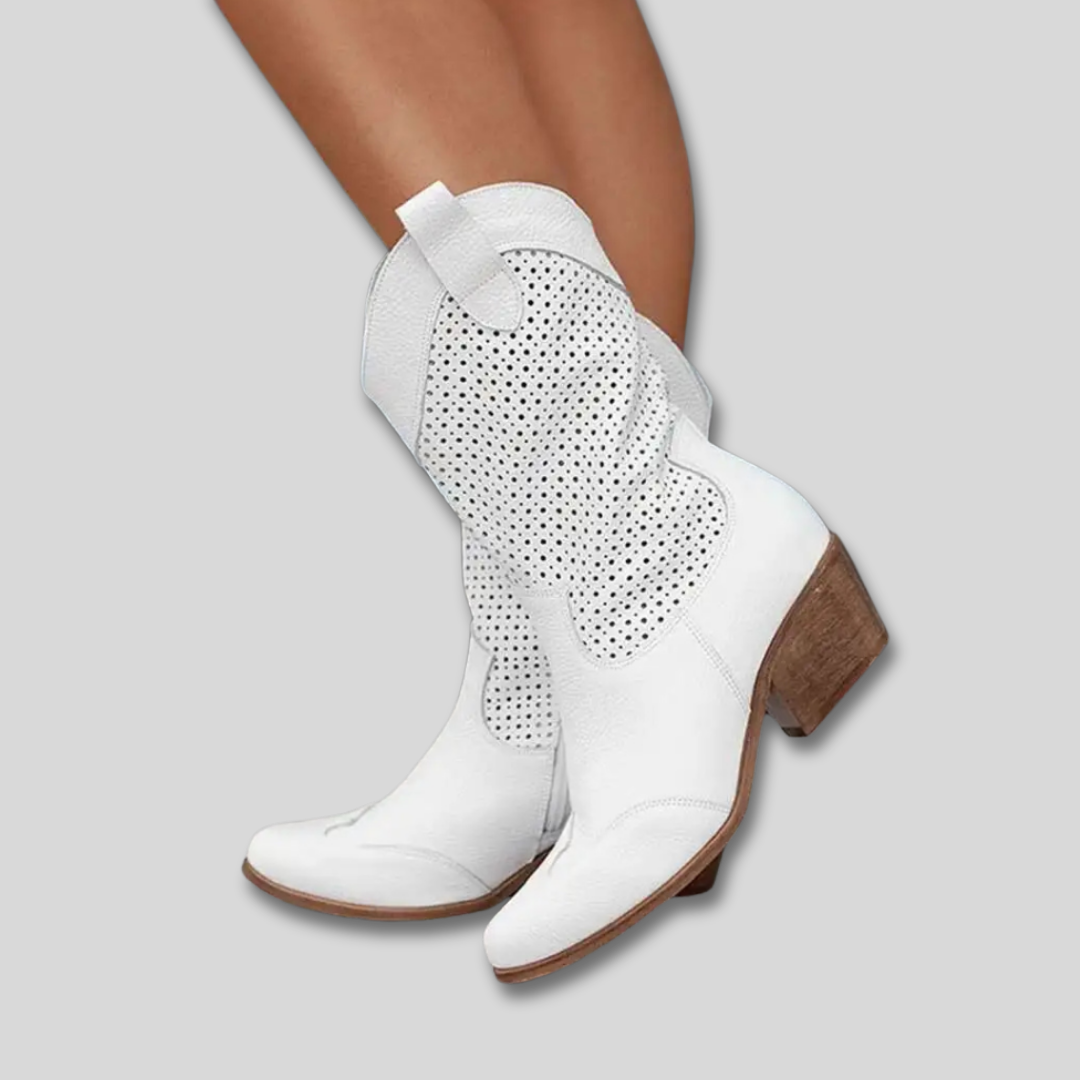 Perforated Suede Look Block Heel Western Mid Calf Boots