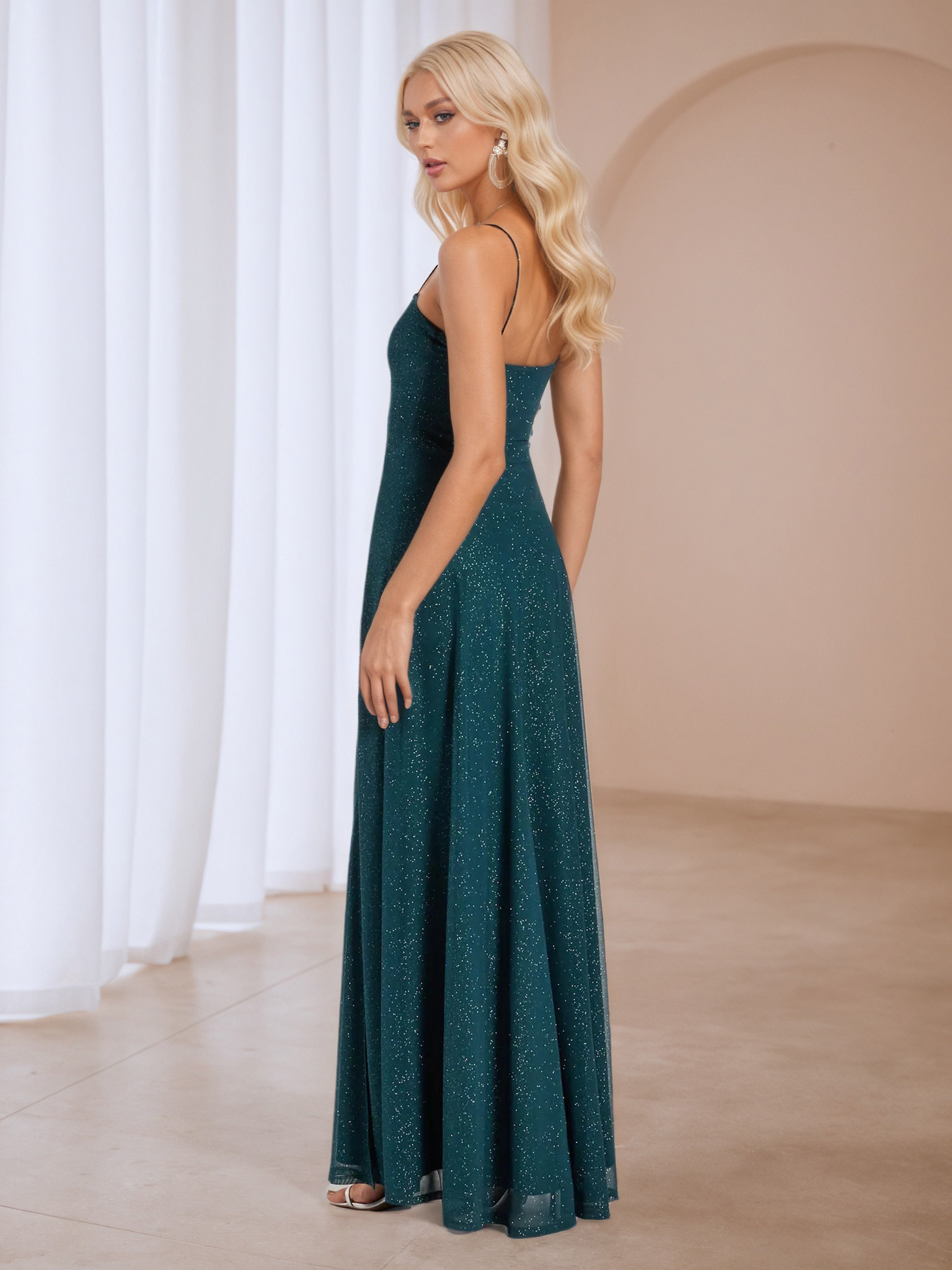 A-Line Ink Blue Floor Length Spaghetti Straps Formal Dresses